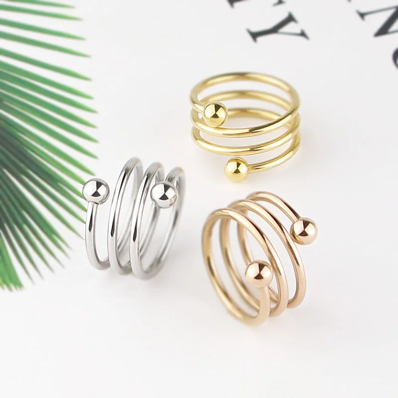 Stainless Steel Both Ends Beads Spring Shape Ring For Women Gold Color Ring Fashion Jewelry Friend Gifts Anillos Drop Shipping