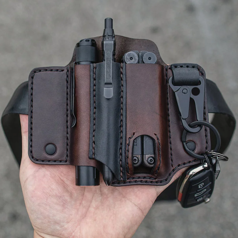 Kulit Sapi Asli Luar Ruangan EDC Taktis Multi Alat Sabuk Selubung Saku Organizer Pena Taktis Senter Tempat Kunci Holster