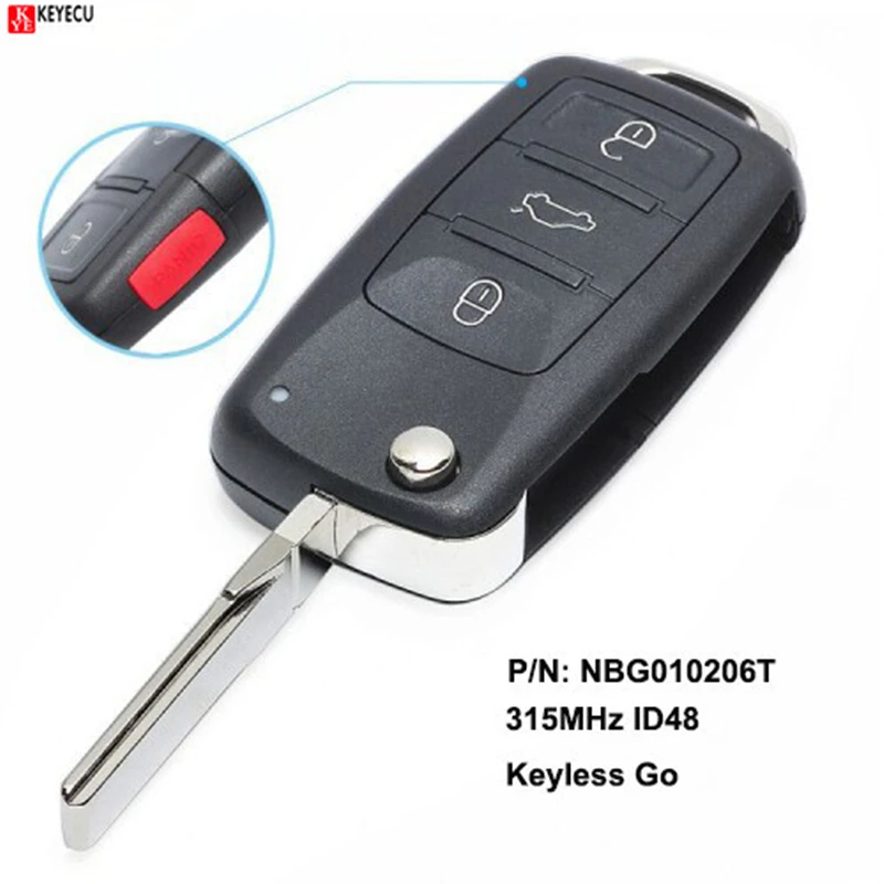 Keyecu Keyless-Go-Funkschlüssel 3+1 Tasten 315 MHz für Volkswagen 2011 2012 2013 2014 2015 2016 2017 (Modelle mit Prox) NBG010206T