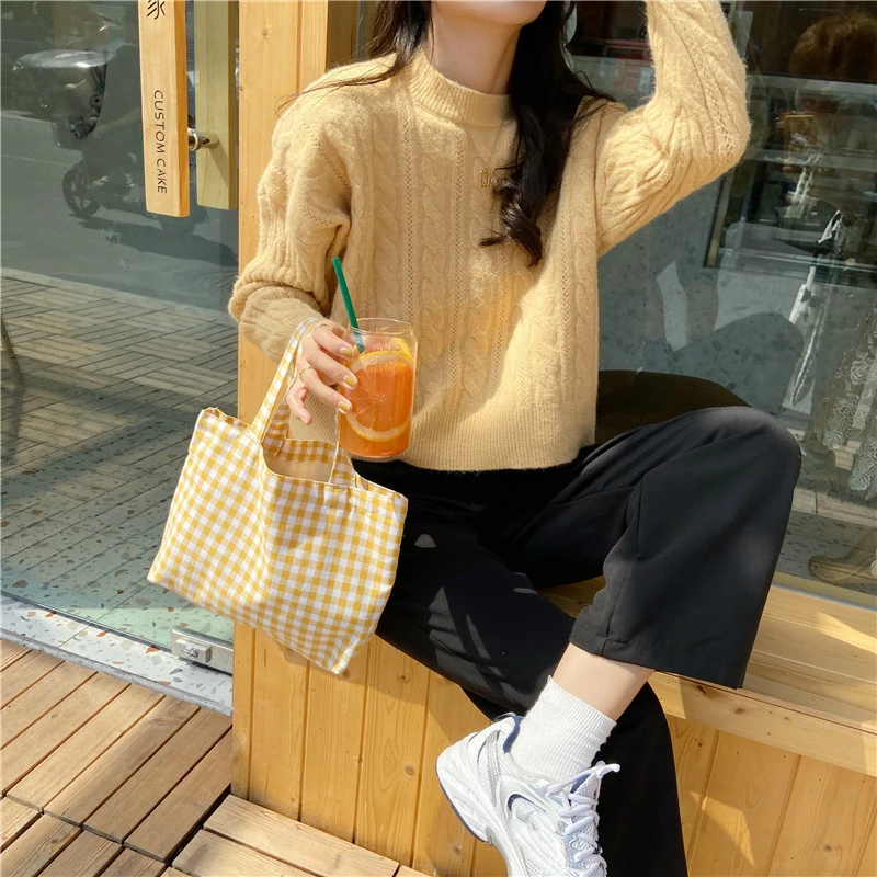 Portable Cotton Women Lunch Bento Bag Vintage Plaid Canvas Ladies Small Handbags Simple Female Cloth Mini Tote Bag Clutch Purse