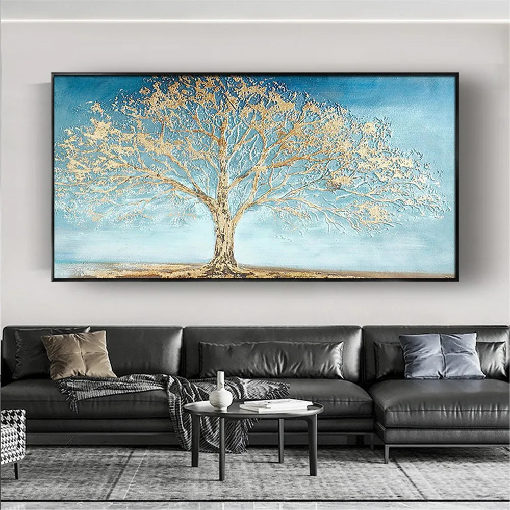 Handmade Modern Abstract Landscape Oil Paintings On Canvas Wall Art Golden Tree Pictures For Living Room Christmas Home Decor