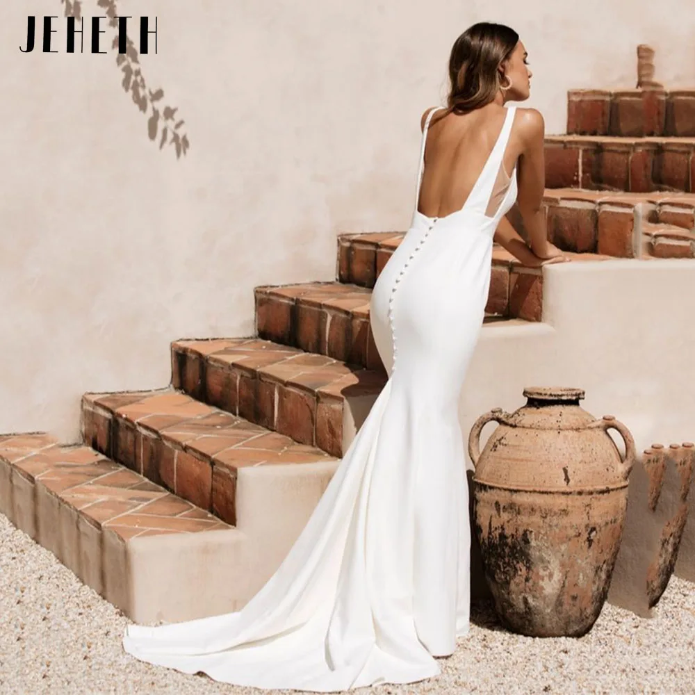 JEHETH-vestido De Novia De sirena con espalda descubierta para mujer, con tirantes finos blanco traje Sexy, elegante, bohemio, satén elástico Sirenas de espalda abierta vestido de novia femenino blanco italiano con hom