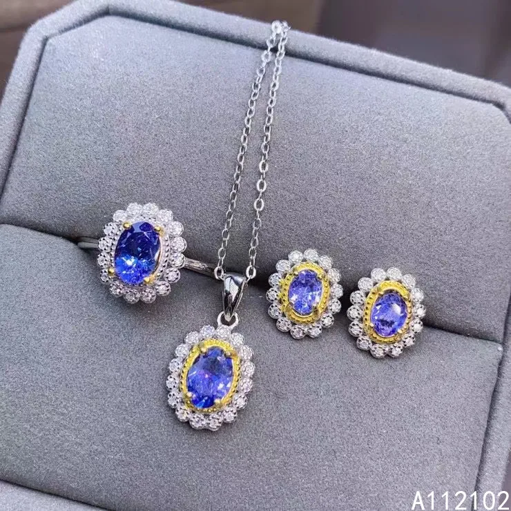 

KJJEAXCMY fine Jewelry 925 sterling silver inlaid natural Tanzanite luxury pendant ring earring set support test hot selling