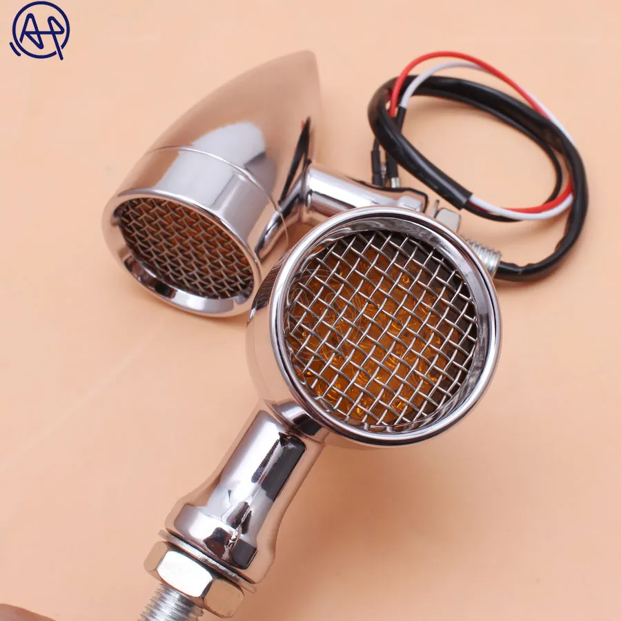 Black/Chrome Motorcycle 12V Amber Mesh Lens LED Turn Signal Brake Light 10mm Aluminum Housing For Chopper Bobber Cafe Racer