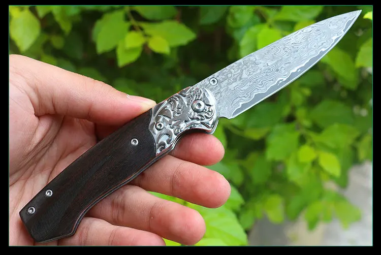 Kitchen tools Folding knife  Damascus steel imports blacksmithing camping tool wood handle outdoor self-defense knife