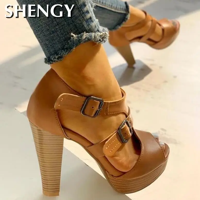 2020 Summer Women Shoes Fashion High Heel Shoes Sandals Peep Toe Platform Pumps Buckle Pumps Shoes Office