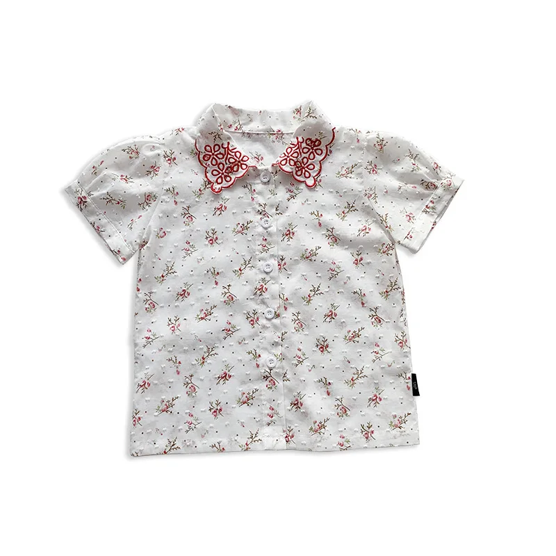 Summer Girls Fashion Embroidery Flower Short Sleeve Blouse Baby Kids Children Shirt