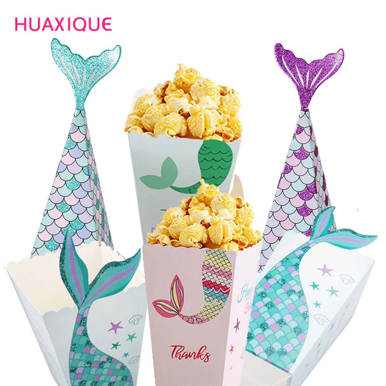 6/5pcs Purple Green Mermaid Popcorn Boxes Candy Bags Holder Popcorn Containers for Kids Mermaid Party Birthday Party Supplies