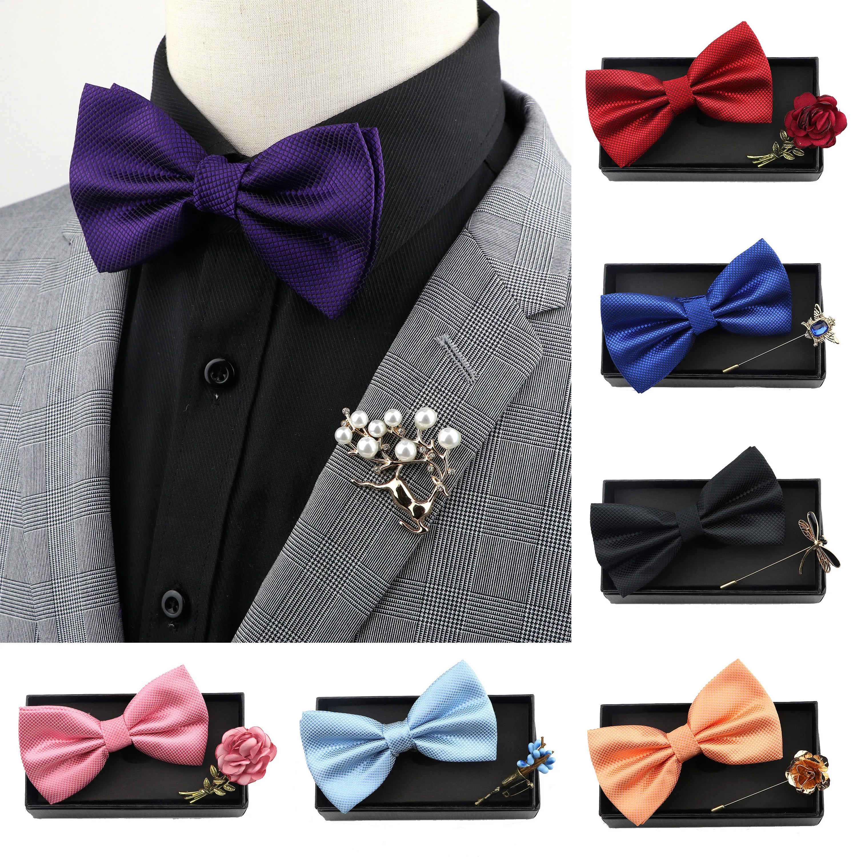 Solid Color Bow Tie Brooch Set Men Satin Fine Grid Butterfly Rose Flower Spider Crystal Pin Party Wedding Blue Pink Red Bowties