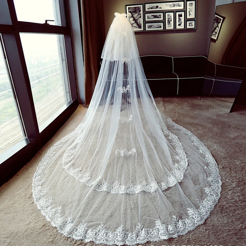 New Arrival White Bridal Veil Lace applique Cathedral Wedding veils with Bow wedding accessories Boda mariage Matrimonio