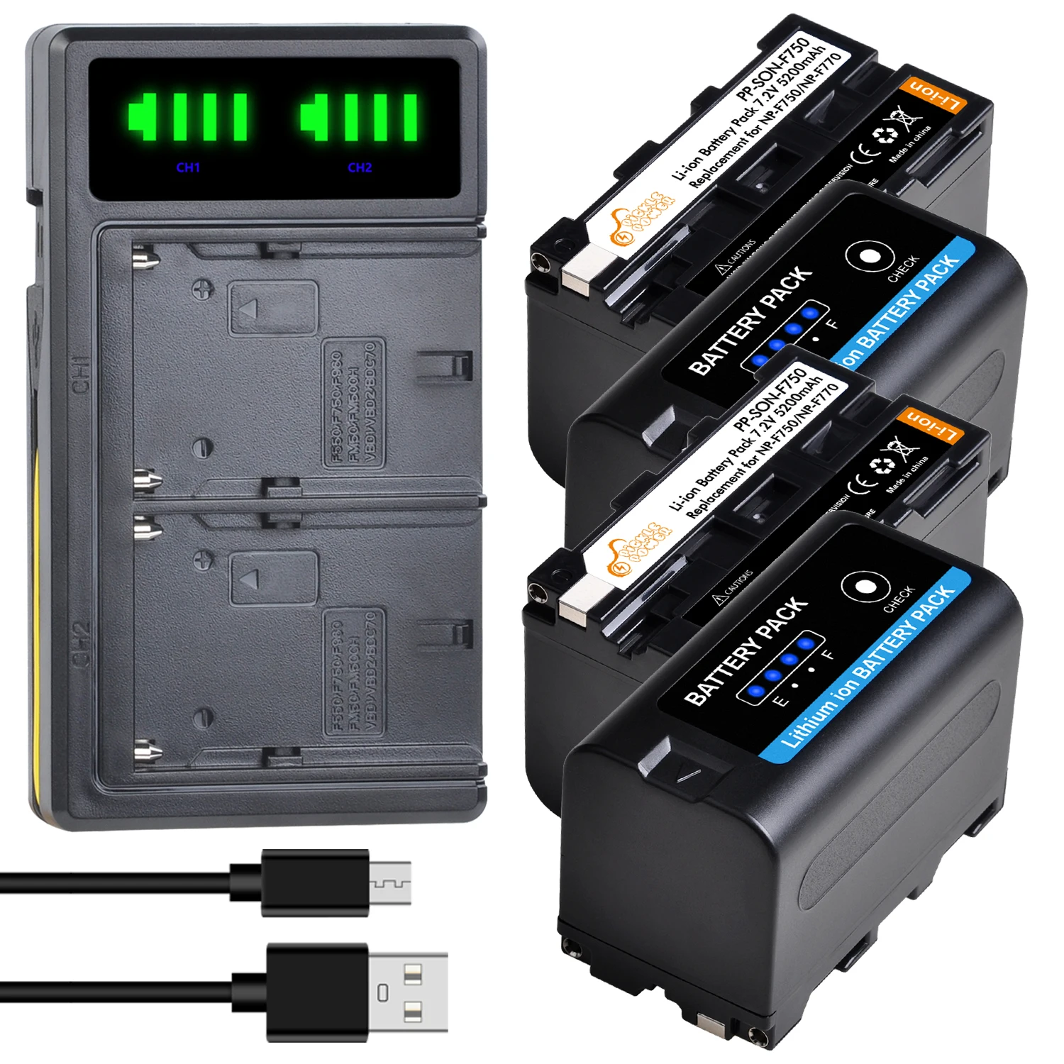 Digital Battery For Sony NP-F330, NP-F530, NP-F750, NP-F770 Camcorder with LED Power Indicators and LED Charger, 5200mAh Fit