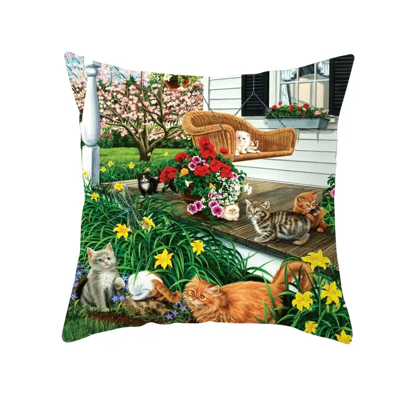 Juste de taie d\'oreiller imprimée de chat de dessin animé mignon, taies d\'oreiller décoratives, motif de chat