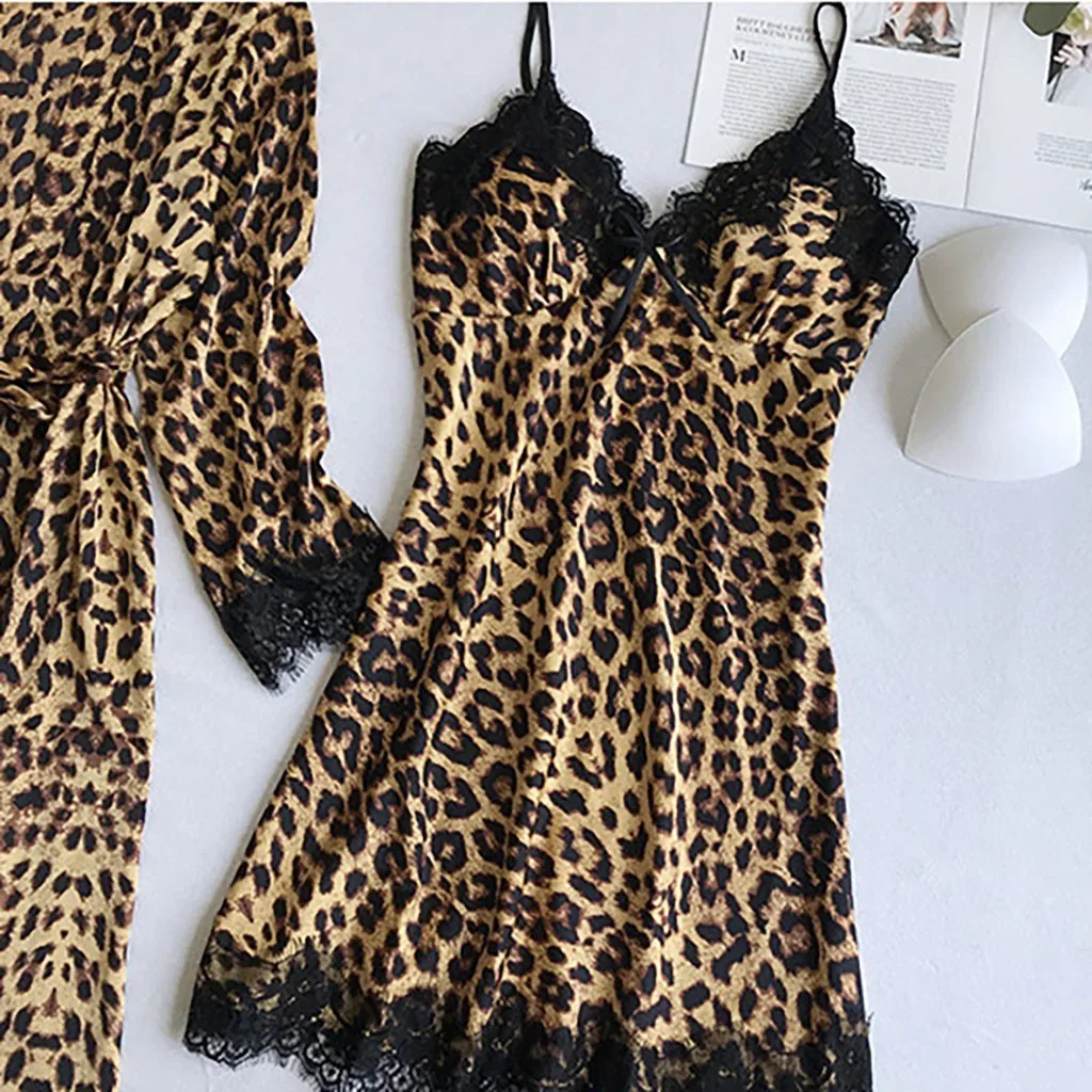 Sleepwear Satin Silk Pajamas Women Nightdress Lingerie Robes Leopard Printed Underwear Sexy Onesies Combinaison Femme Sleepshirt