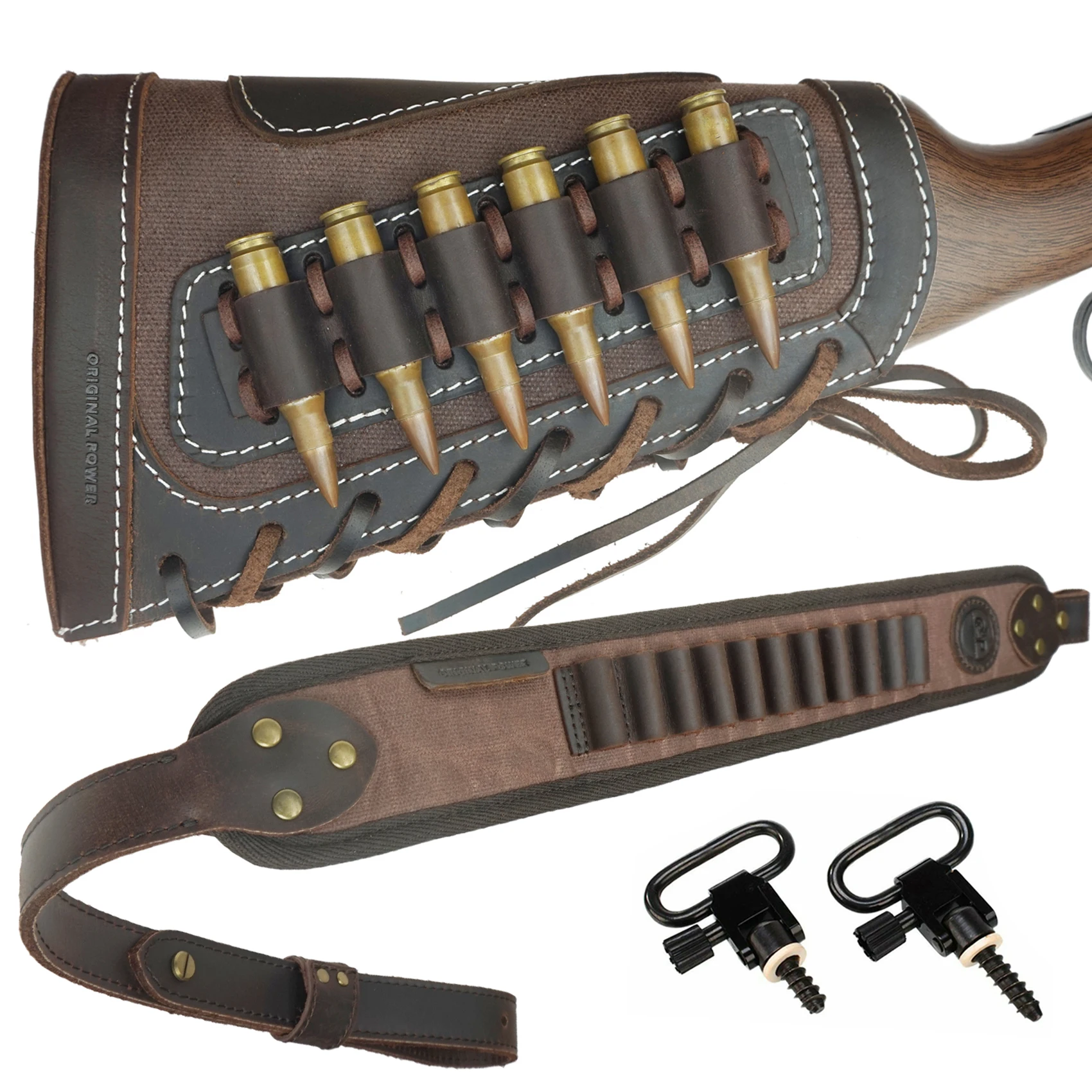 1 Sets Leather Gun Shell Holder Buttstock with Rifle Sling for.45-70 .308 .30-06 410GA .44MAG