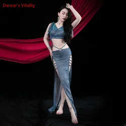 Belly Dance Suit V-neck Sequins Top Split Long Skirt Practice Clothes Set Female Elegant Shirt Performance Training Clothing