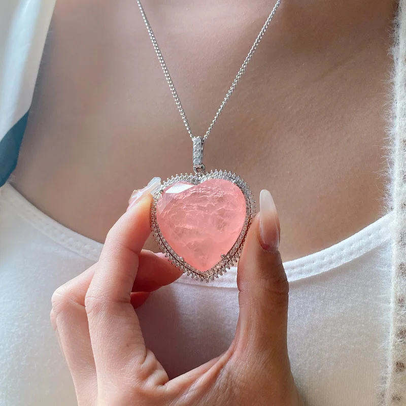 Delicate Big Heart Shape Pink CZ Stone Pendant Necklace Luxury Silver Color Choker Chains Crystal Sweater Neckalces Ladies