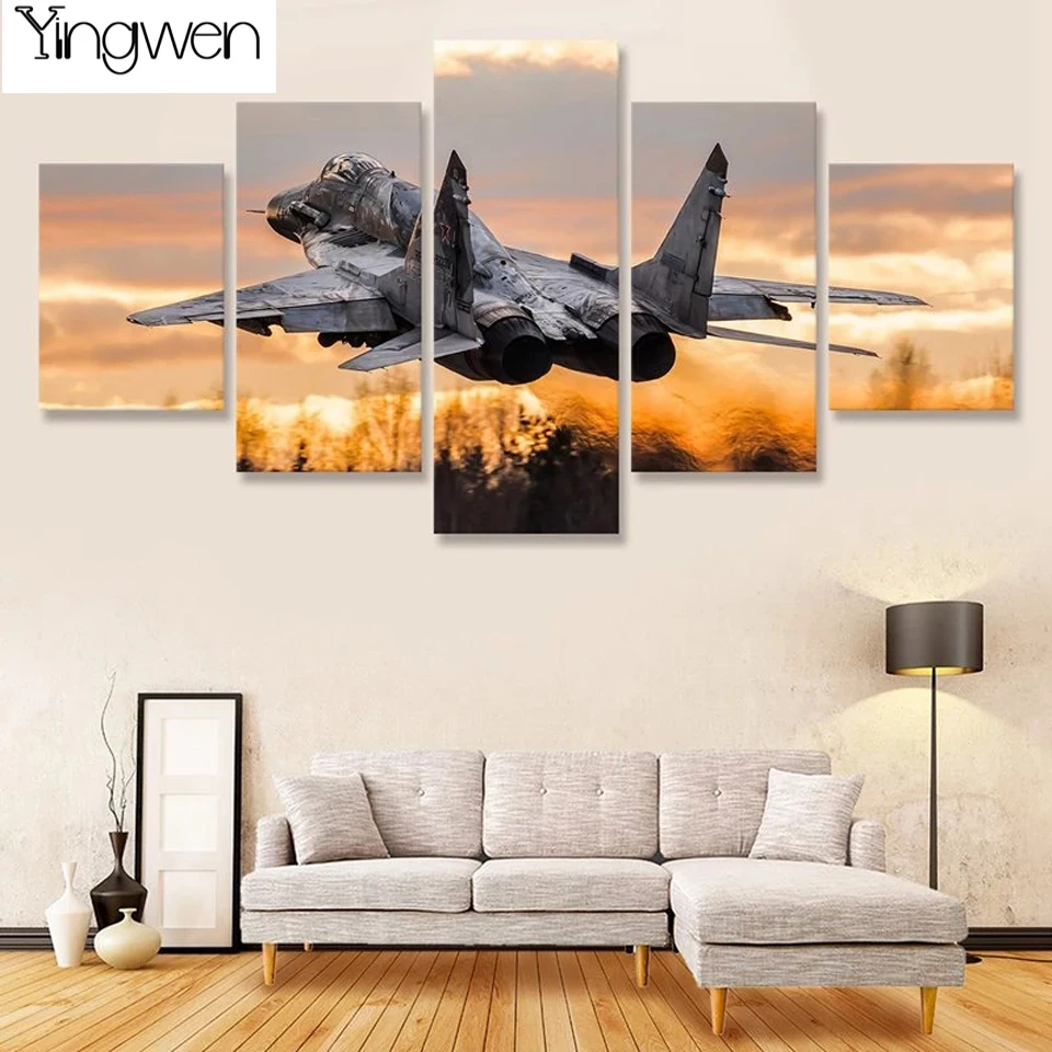 5 Panel Jet Fighter Mikoyan MiG-29 Full Drill Round Square 5D DIY Diamond Painting Diamond Embroidery Cross Stitch Mosaic Decor