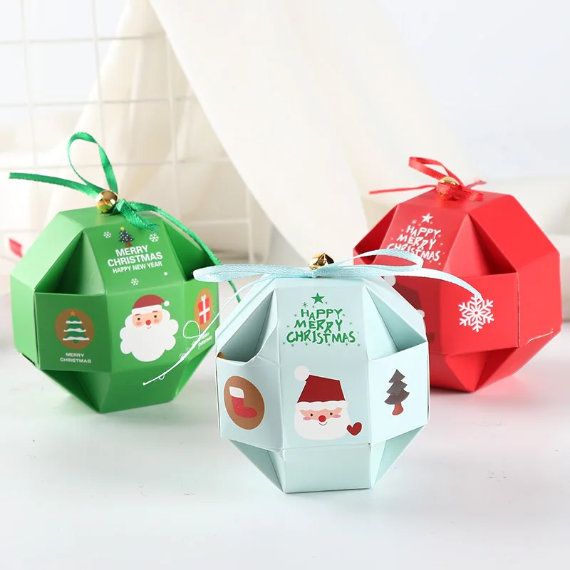 60 Pcs/Lot Creative Round Christmas Eve Gift Box Candy Sweets Apple Packing Paper Boxes Covered Bag New Year Decor Party Favor