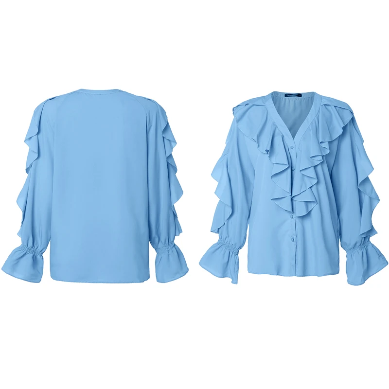 Women\'s Elegant Shirt Celmia Sexy V neck Long Sleeve Casual Ruffles Shirt Button Solid Street Blusas OL Party Tops