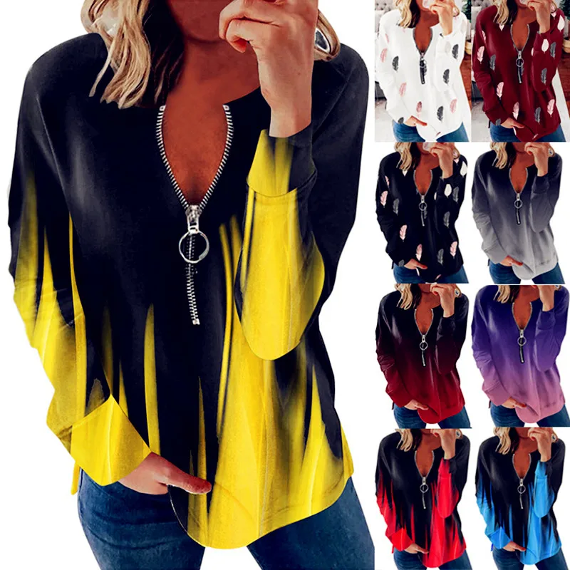 تي شيرت حريمي عصري وجديد تي شيرت نسائي غير رسمي مثير بسحاب كبير للخريف والربيع للسيدات بأكمام طويلة