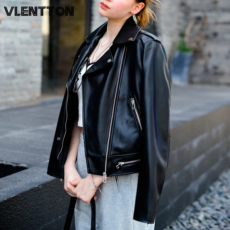 2021 New Spring Autumn Women Black Soft Faux Leather Short Jacke Lapel Zipper Motorcycle Coat