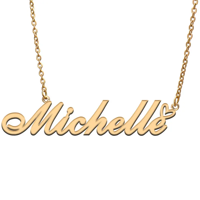 Michelle Name with Love Heart Necklace for Women Stainless Steel Jewelry Nameplate Pendant Femme Mother Child Girls Gift