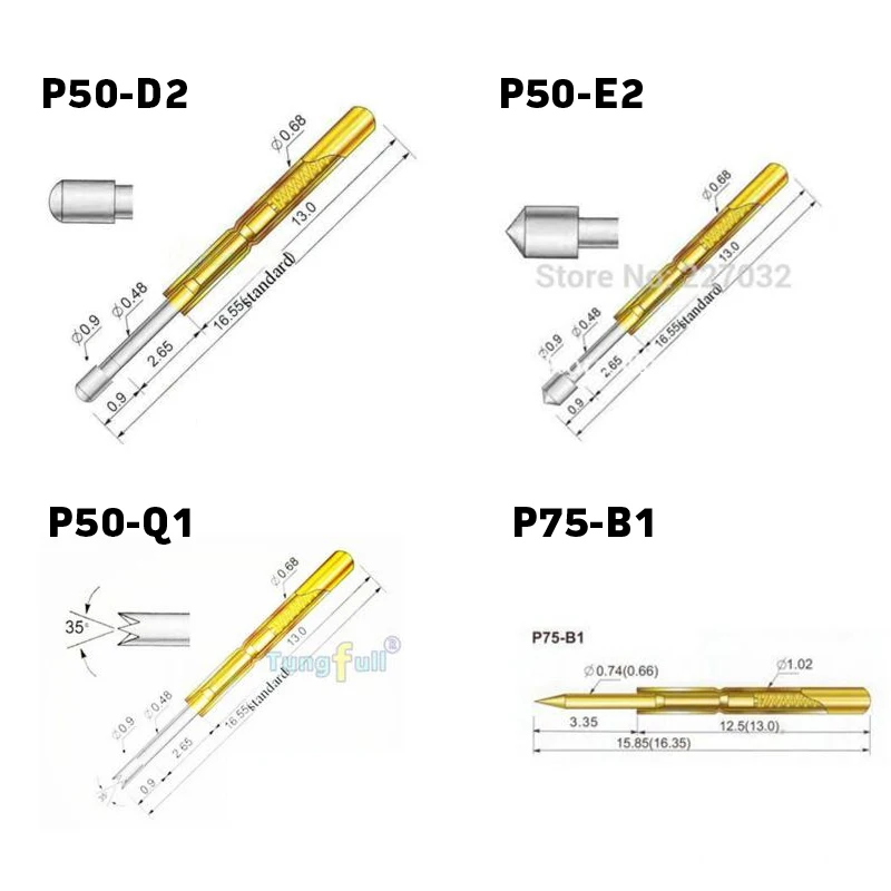 500PCS Spring Test Probe Kit P50/P75/P100 Series Gold Plated Pogo Pin Set for PCB ICT Testing 10 Types Tips Each 50PCS