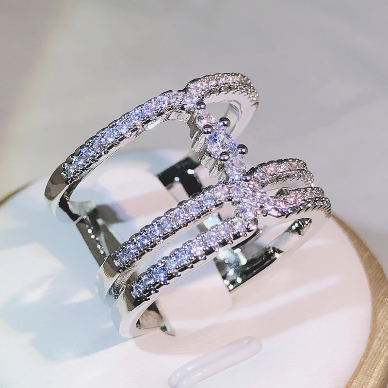 925 Sterling Silver Fashion wielowarstwowe łańcuszki pierścionki z cyrkonią dla kobiet ślubne proste pierścionki z oświadczeniem para obrączki — zdjęcie 3