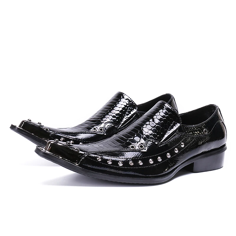 

Iron Pointed Toe Formal Wedding Business Black Shoes Men Handmade Leather Studded Slip On Oxford Shoes Sapato Masculino Social