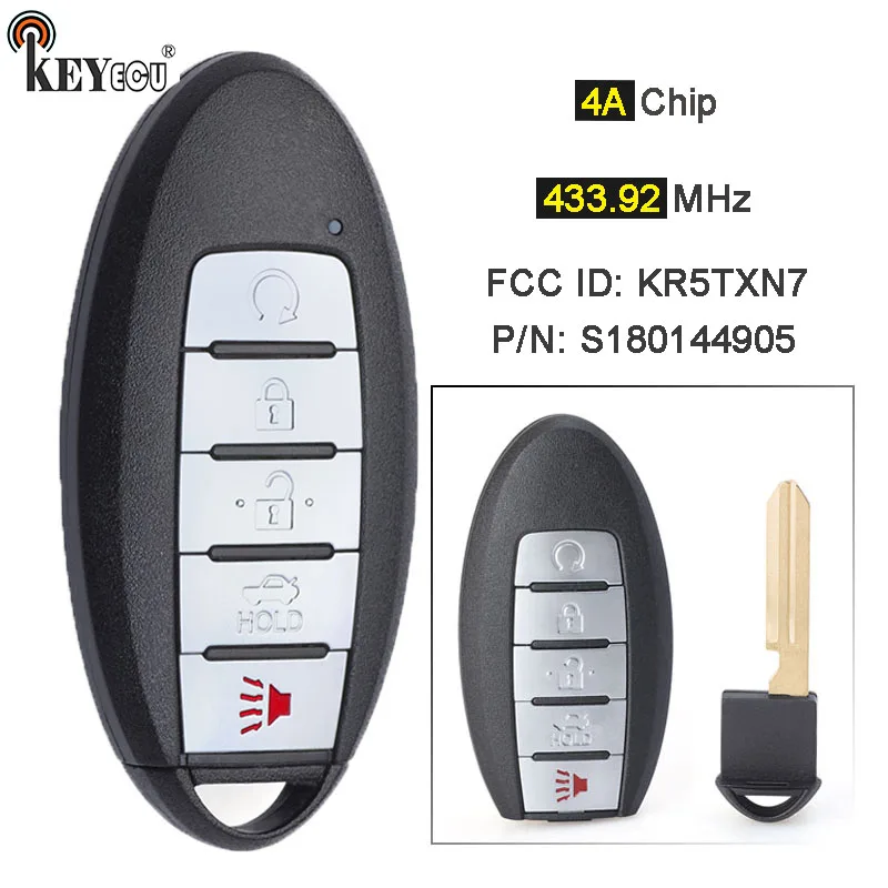 

KEYECU 433.92MHz 4A Chip FCC ID: KR5TXN7 P/N: S180144905 Smart Remote Key Fob 5 Btn for Nissan Pathfinde Murano Titan 2019-2021