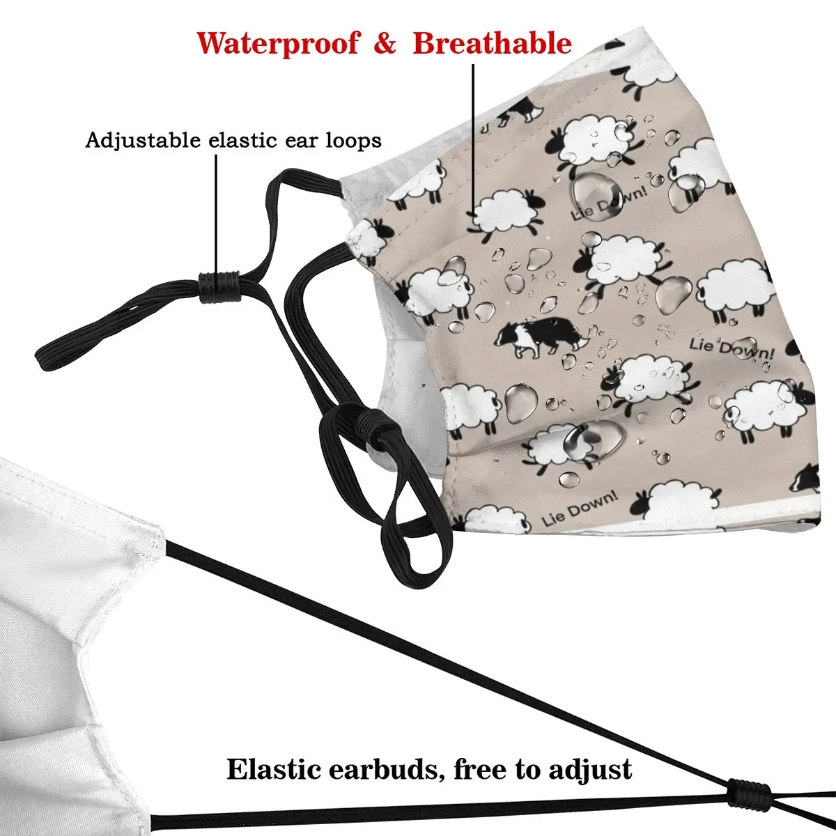 Lie Down! Print Washable Filter Anti Dust Mouth Mask Border Collie Border Collie Sheepdog Lie Down Dog Dogs Sheep Sheeps