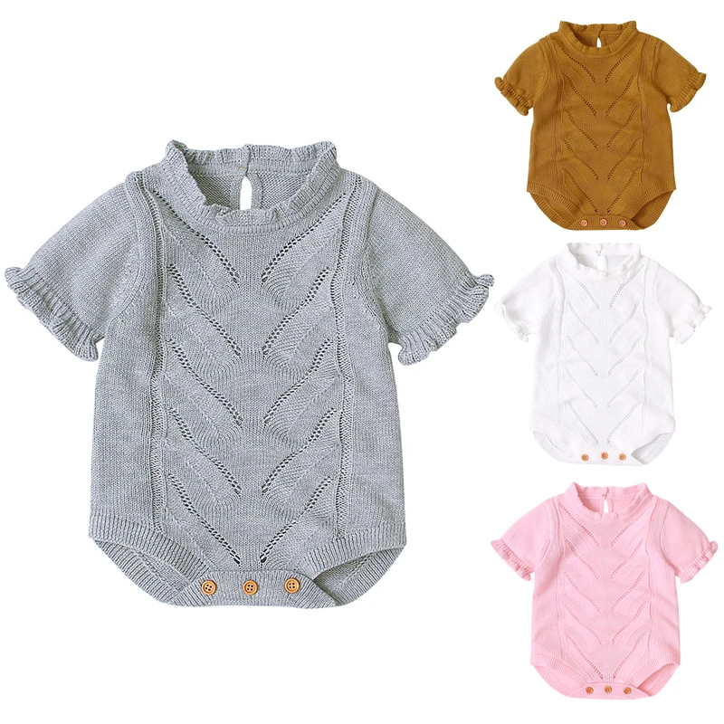 

2023 New Infant Baby Knitting Jumpsuit Solid Color Short Sleeve Korean Style Spring Autumn Toddler Baby Girl Knitting Romper