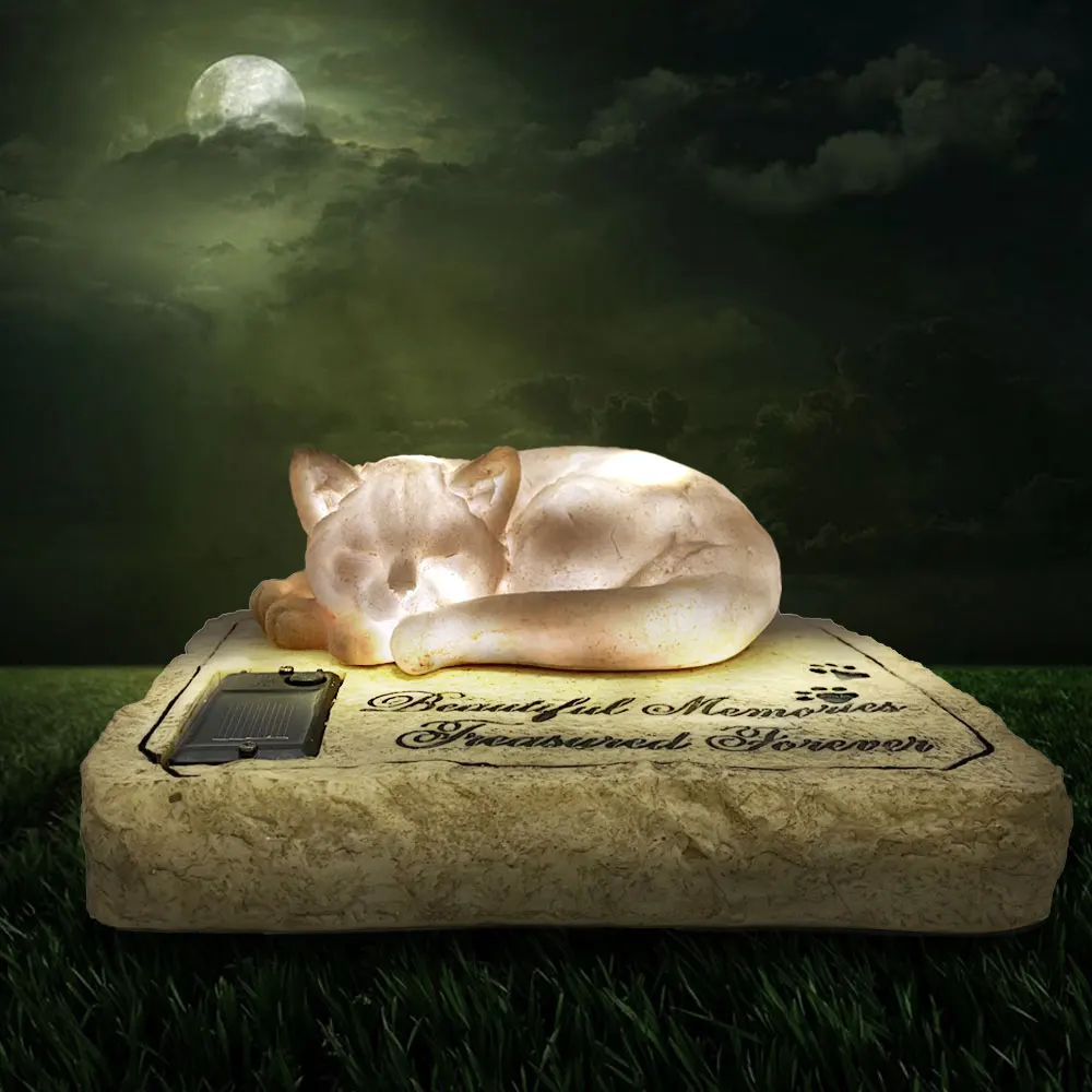 Solar Lights Cat Pet Memorial Stone Loss of Cat Sympathy Gifts Tombstone Grave Maker with A Sleeping Cat On The Top Garden Deco