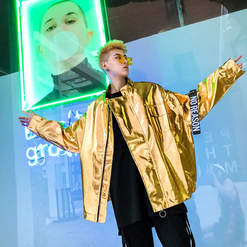 

Fashion Men Streetwear Hip Hop Glossy Jacket Golden Silver Casual Male Women Loose Coat Stage Team Clothing Oversized