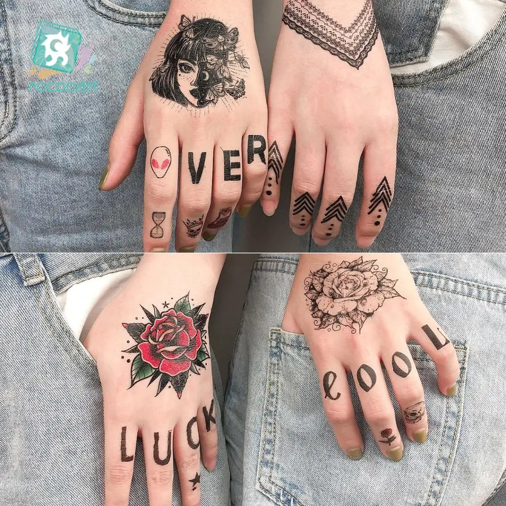 Rocooart Finger Temporary Tattoo Indian Tribal Waterproof Flash Tattoo Sticker Black Tatoo Women Hand Taty Flower Fake Tatto