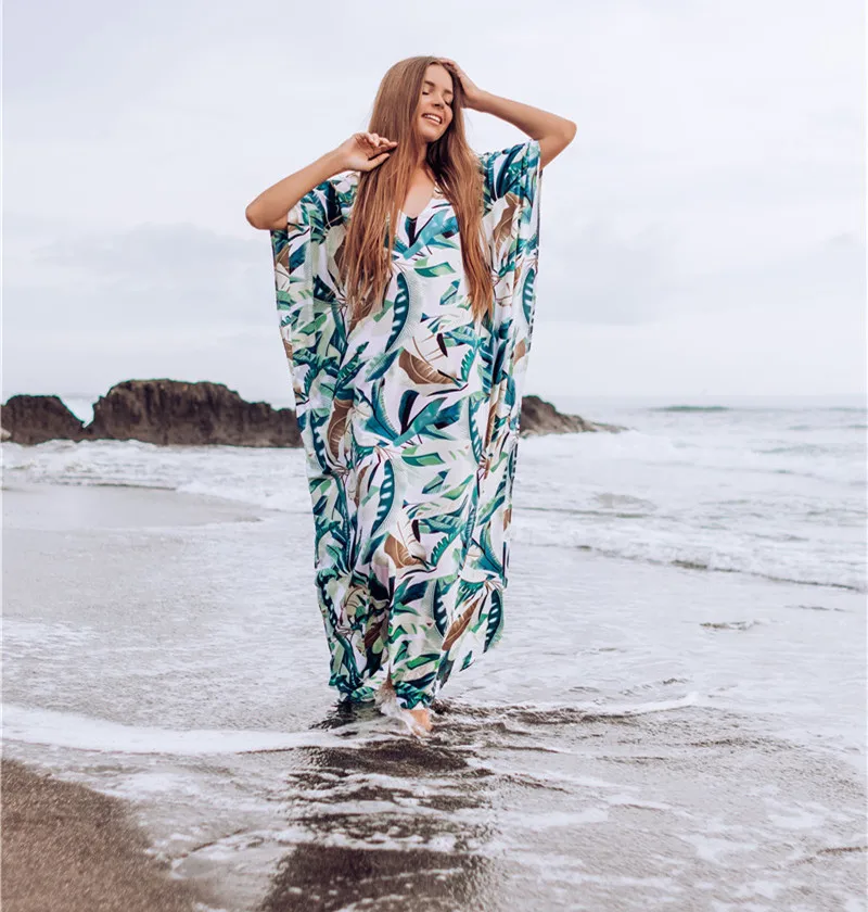 

Bohemian Leaves Printed Bikini Cover-ups Loose V-neck Summer Beach Dress Chiffon Tunic Women Beachwear Kaftan Swimsuit Cover Up