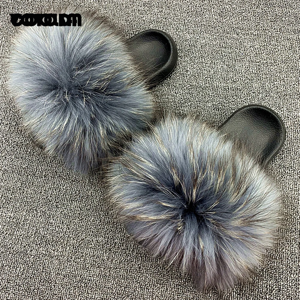 Fluffy Raccoon Fur Slippers Shoes Women Fur Flip Flop Flat Furry Fur Slides Outdoor Sandals  Fuzzy Slippers Woman Amazing Shoes