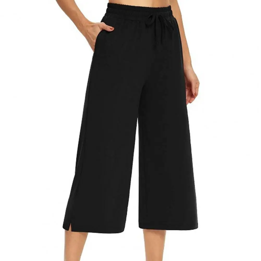 Summer Women\'s cropped trousers Wide Leg Solid Color Soft Drawstring Pockets Elastic Waist Women Streetwear Pants 2021