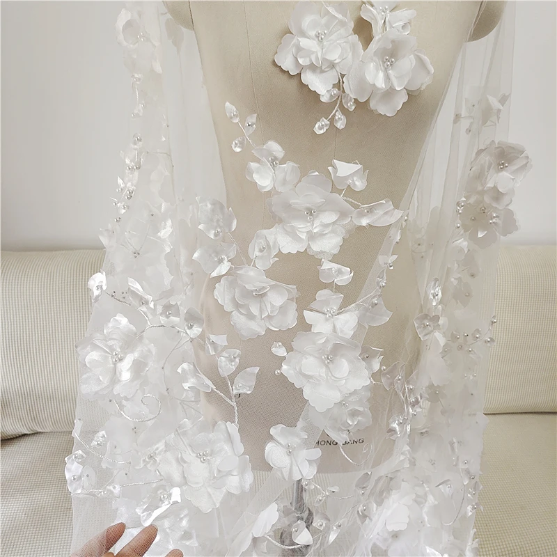 Color 3D Flower Beading Fabric 3D Handmade Pearl Flower Mesh Embroidery Dress Lace Fabric