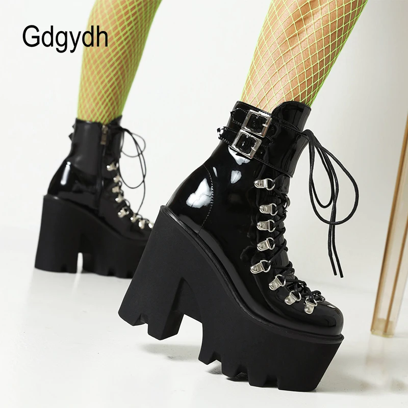 Gdgydh Belt Buckle Strap Ankle Boots Women Waterproof Platform Thick Bottom Too High Heels Boots Gothic Style Autumn And Winter