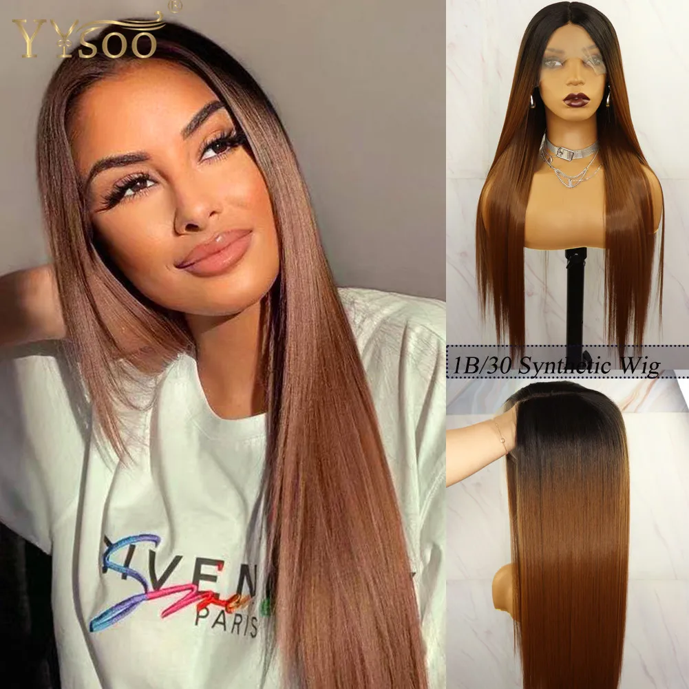 

YYsoo long 1B/30 Ombre Synthetic T Part Wigs for Women Silky Straight Futura Heat Resistant Lace Front Wig Deep Part Dark Roots