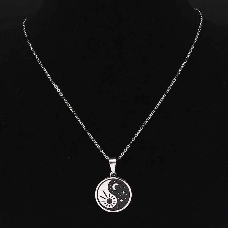 Yin Yang-collar de acero inoxidable con forma de Luna y estrellas para hombre y mujer, Gargantilla de esmalte negro, joyería N1879