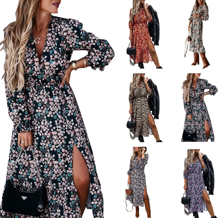 2021 Womens Sexy Gedrukt V-hals Button Slit Lange Jurk Vrouwelijke Bloem Luipaard Print Katoenen Kleding Trui Jurk