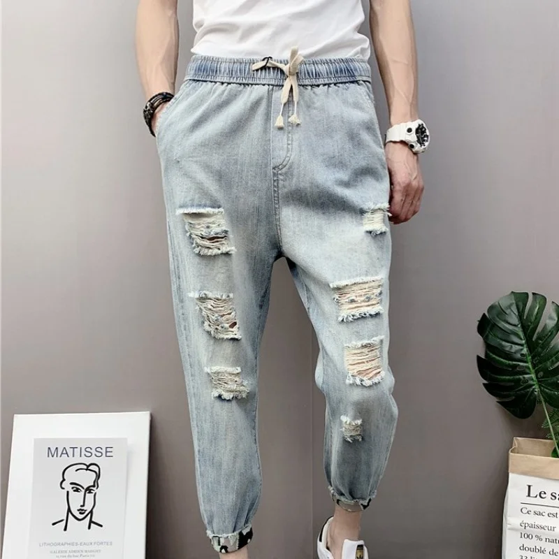 Casual Mens Ankle Length Denim Harem Pants Spring Summer Man Elastic Waist Hole Ripped Jeans Streetwear Slim Fit Pencil Pants