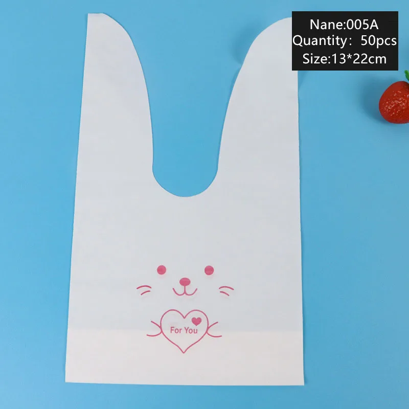 

AQ 50pcs 13*22cm Pink Line Love Heart Well-behaved Smiling White Bunny Long Ears Candy Packaging Bag Wedding Party DIY Gift Wrap