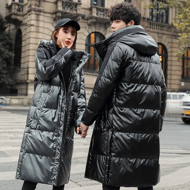 

Winter Couple Glossy Hooded Down Jacket Men Mid-Length Thickened Warm Streetwear New Unisex Over-Knee Solid Casual Jacket Lovers