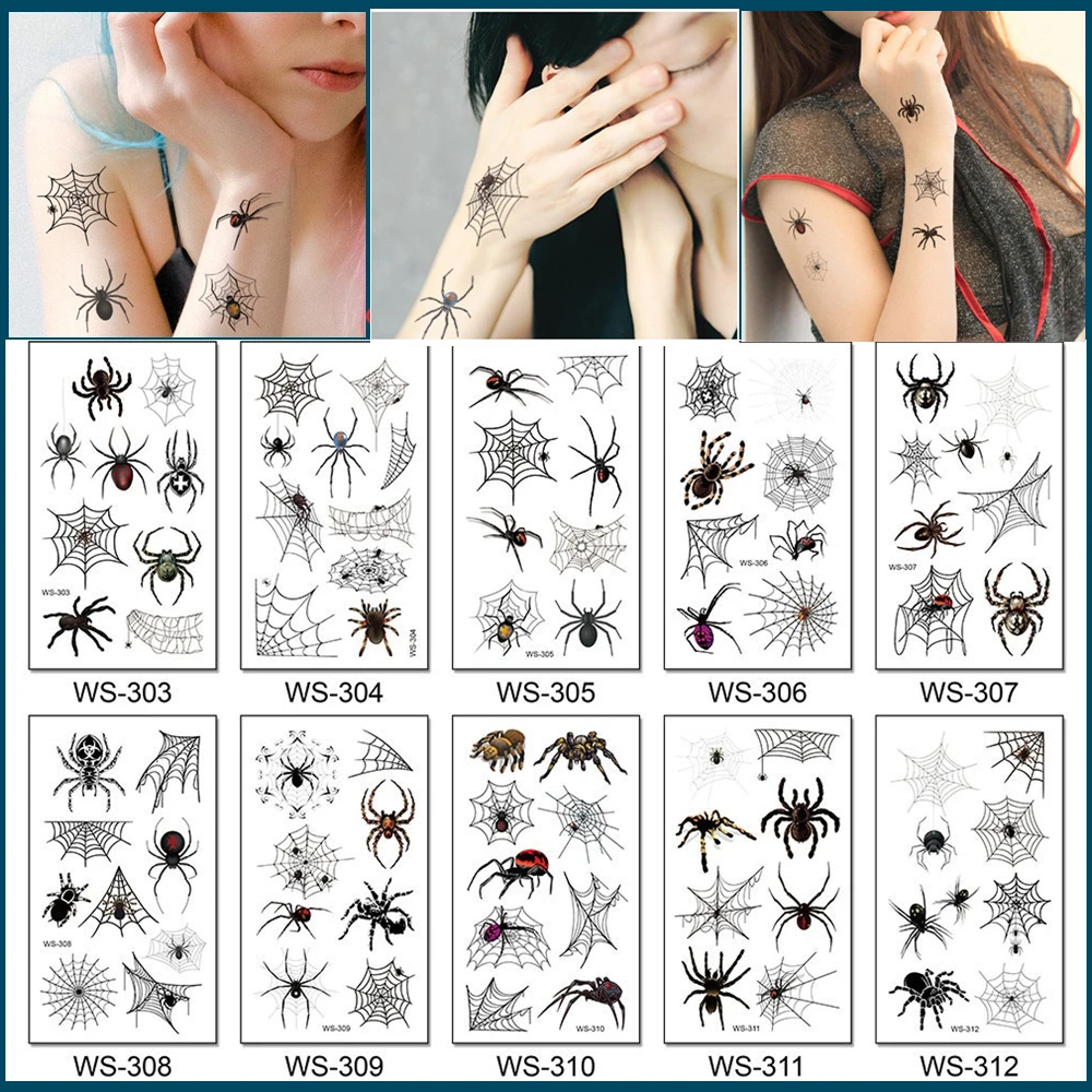 10pcs / set Realistic 3D Spider Black Tattoo Temporary Body Sticker Simulated Cobwebs Disposable Halloween tatouage temporaire