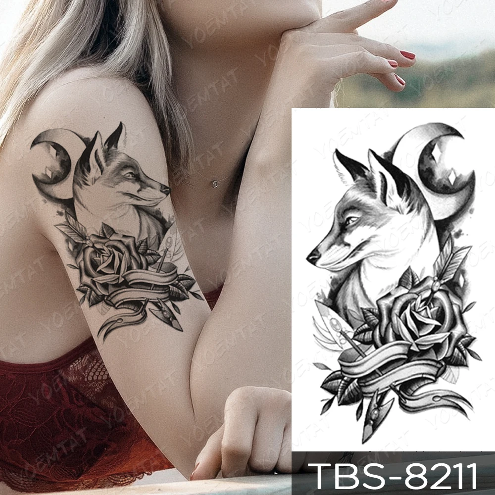 Fox Lobo Temporary Tattoo Sticker Wolf Rose Moon Arrow Animal Fake Tatu Arm Shoulder Leg Women Girl Glitter Kids Tato Body Art