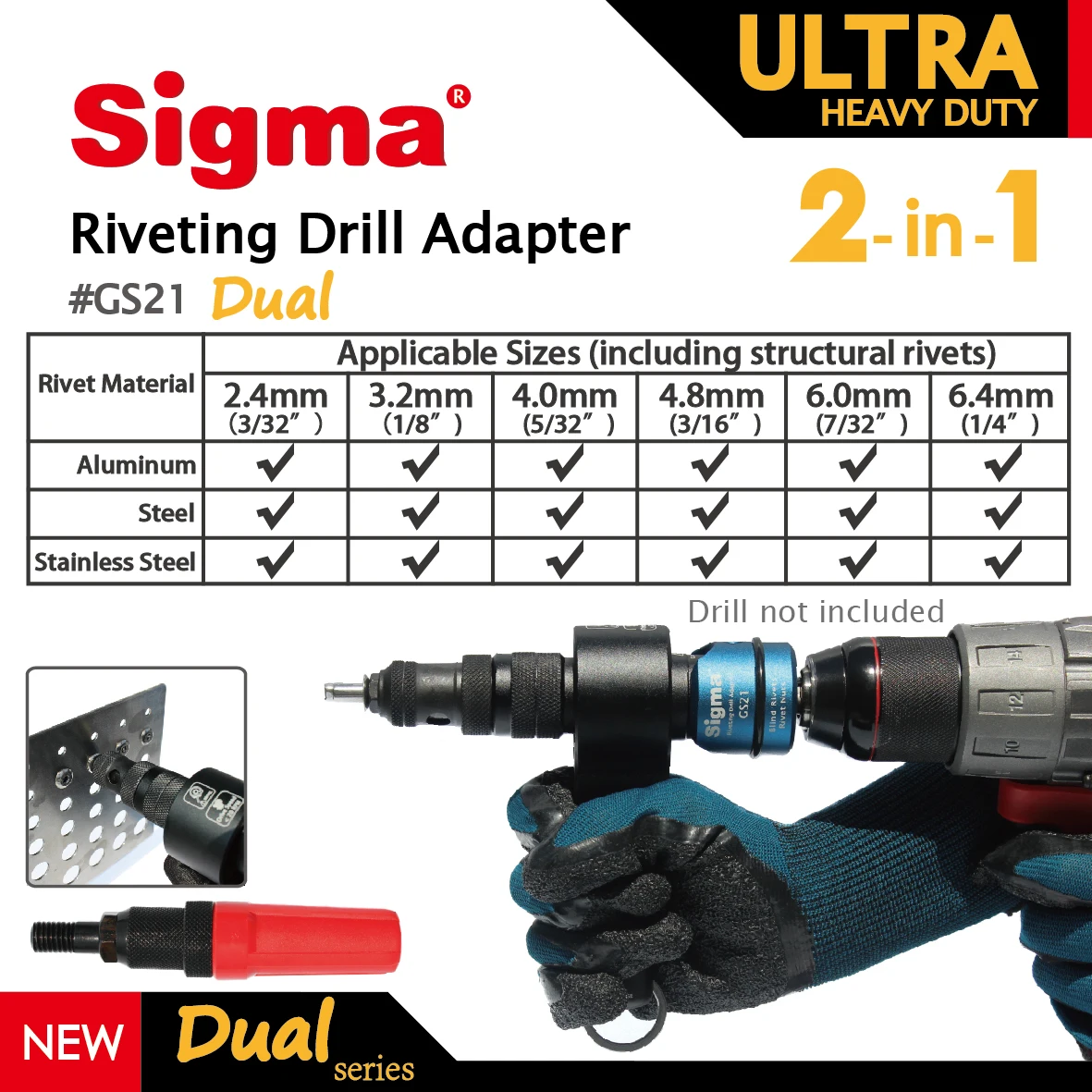 Sigma #GS21 ULTRA HEAVY DUTY 2-in-1 Riveting Drill Adapter Cordless or Electric power drill adaptor alternative air rivet tool