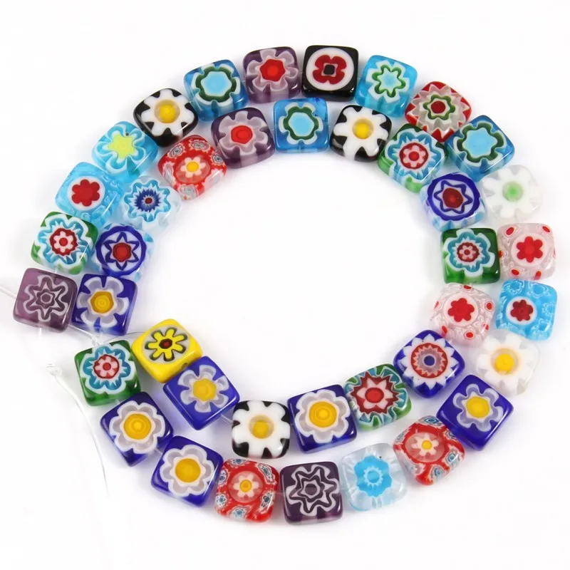 6 8 10mm Square Shape Millefiori Flower Patterns Lampwork Glass Loose Spacer Beads for Jewelry Making Diy Bracelet Accessories